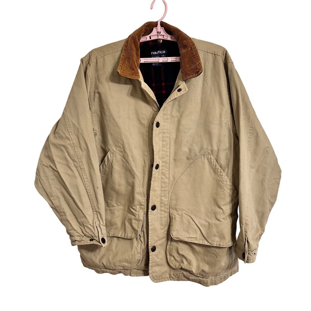 Nautica Mens Detachable Flannel Lining Zip/Snap Up Chore Barn Coat SZ L Tan